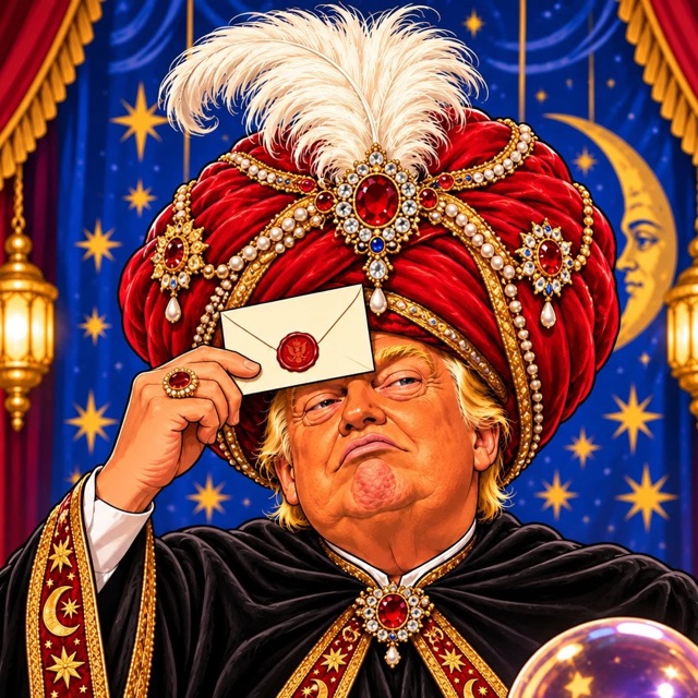 Illustration of Donald Trump as Carnac the Magnificent, in a jeweled turban, holding a sealed envelope to his forehead